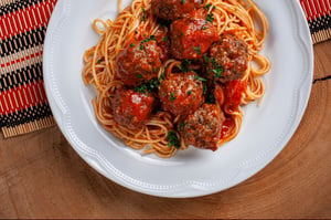 Whole grain pasta with lentil meatballs. 