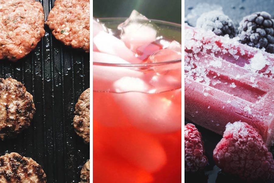 burgers on a grill, iced drink, and popsicles