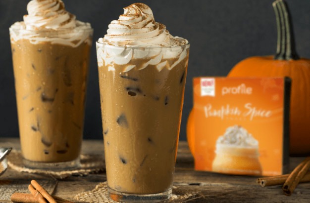 Pumpkin Spice Lattes next to box of Pumpkin Spice shakes.