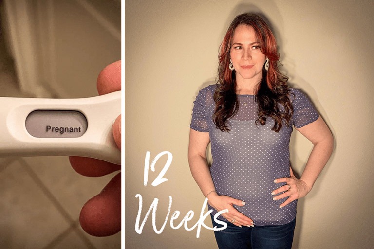 Pregnant Profile Member, Rhianna, showing her 12-week bump and pregnancy test