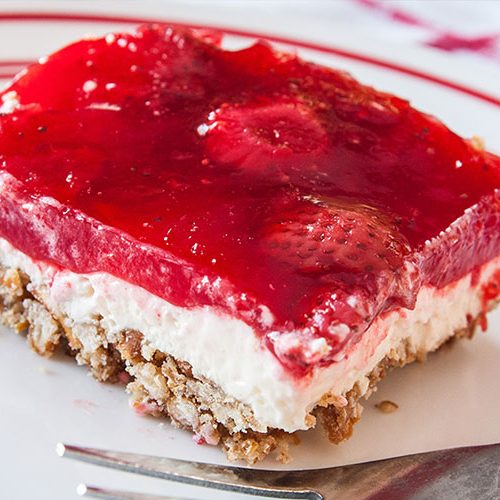 Healthy and delicious strawberry dessert with pretzels