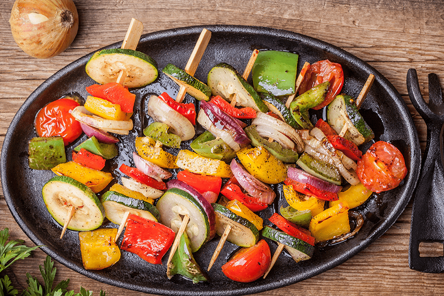 Plate of Rainbow Grilled Veggie Kabobs