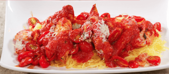 Slow Cooker Chicken Parmesan with Spaghetti Squash & Balsamic Roasted Tomatoes